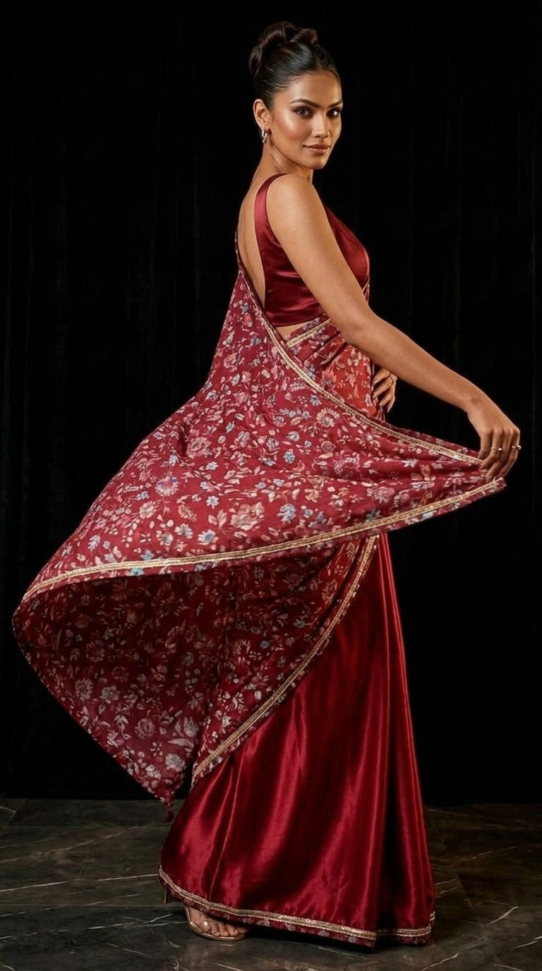 Crimson Floral Embroidered Cut Dana Silk Saree with Embellished Border & Blouse Fabric
