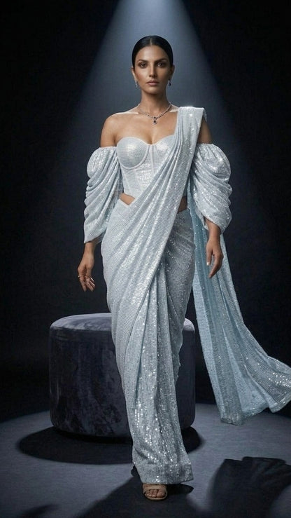 Ice Blue Sequin Glam Saree with Blouse Fabric