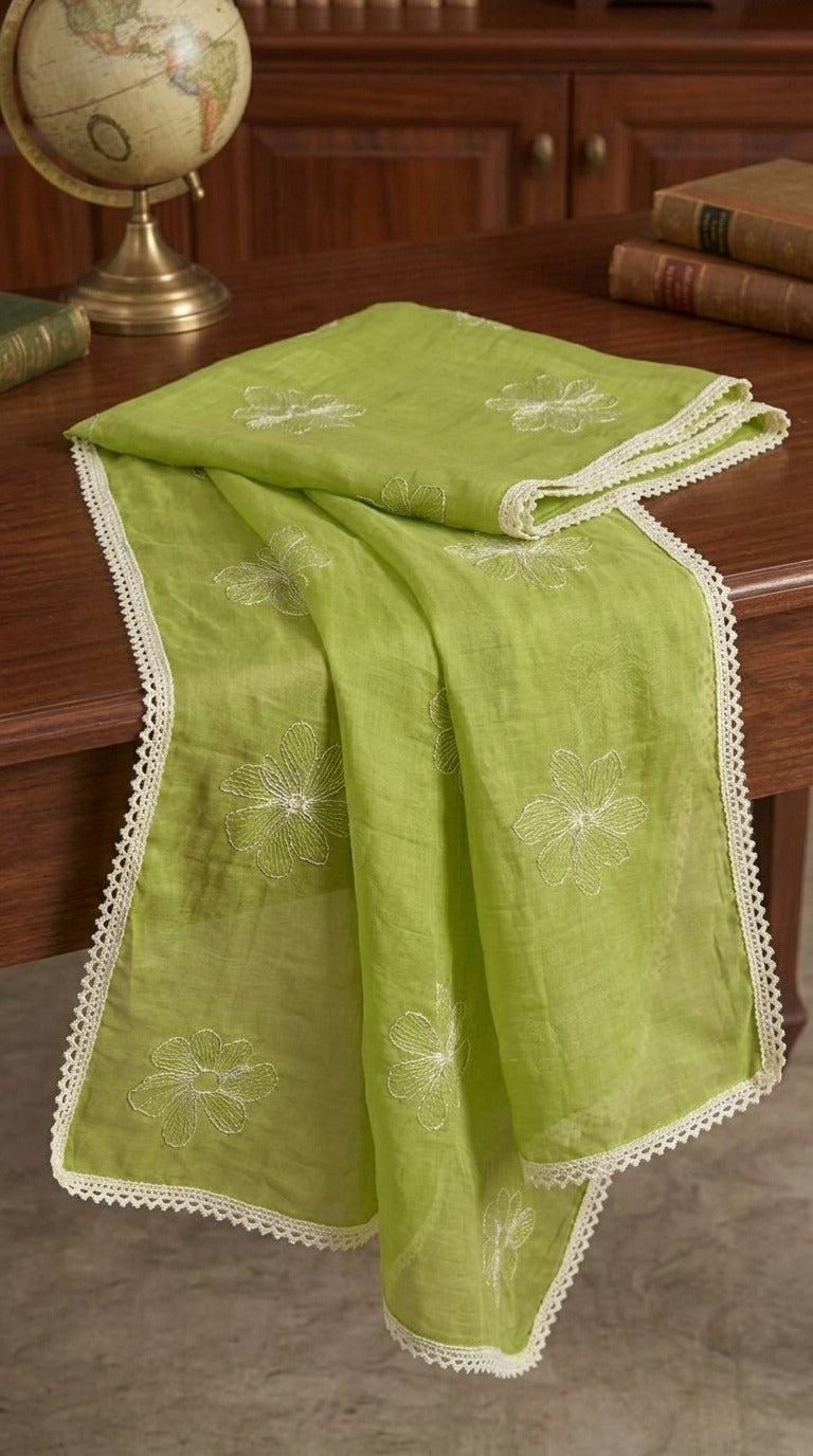 Enchanted Garden Floral Mul Chanderi Embroidered Lace Stole