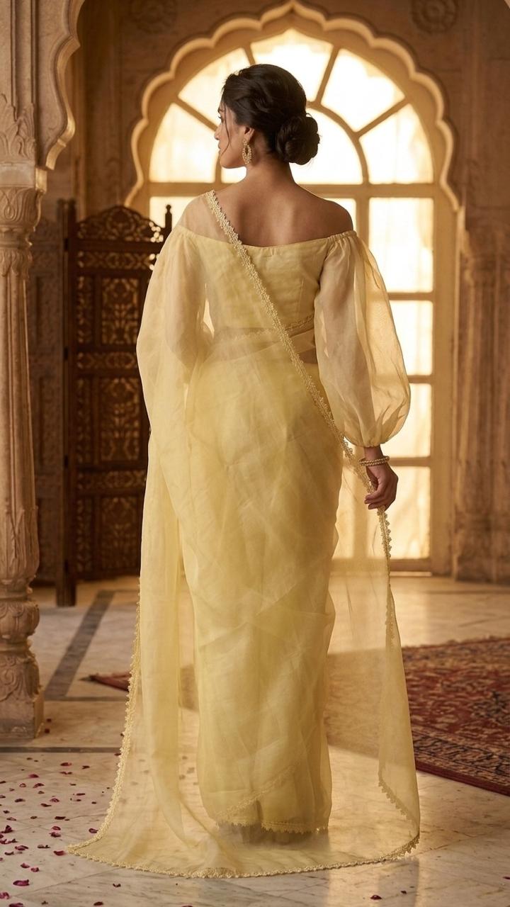 Pastel Yellow Organza Saree with Floral Lace and Blosue Fabric