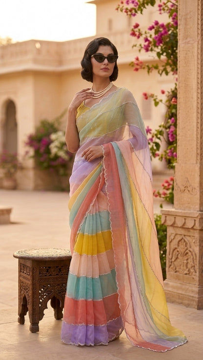 Rainbow Pastel Premium Embroidered Organza Saree with Embroidered Blouse Fabric