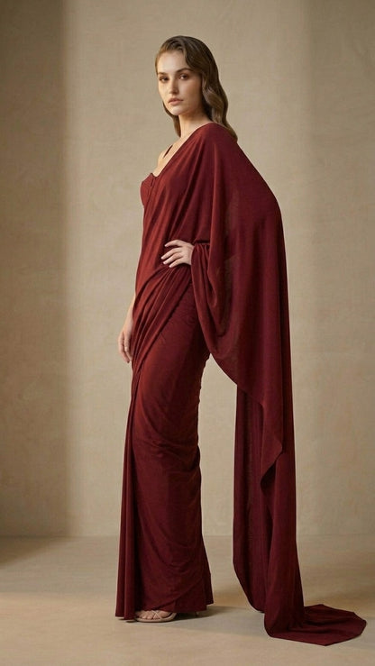 Ready to Wear Maroon Serenity Lycra Saree with Blouse Fabric