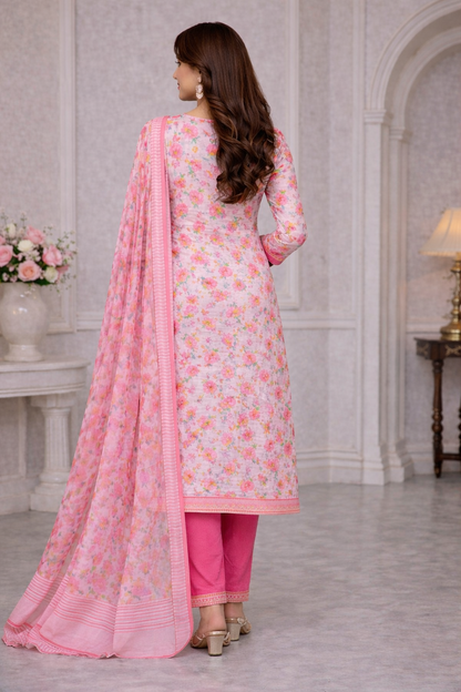 Pink Floral Print Cotton Unstitched Suit Set & Striped Dupatta