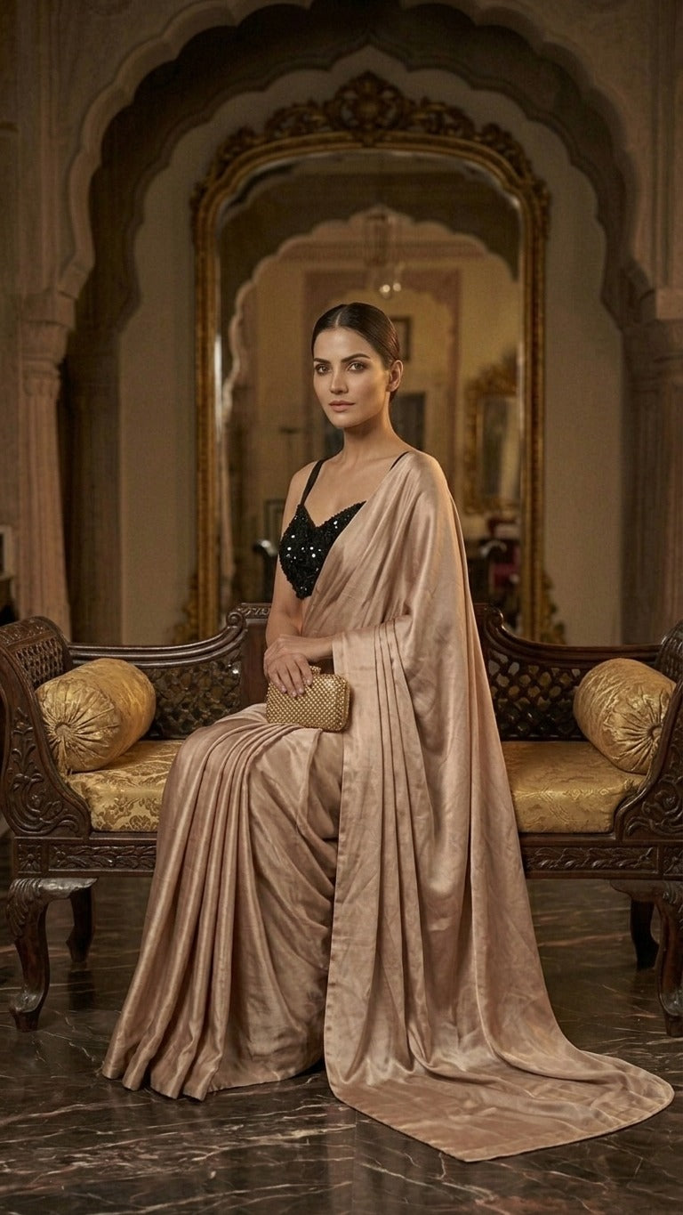 Ravishing Mocha Satin Saree With Full Sequins Blouse Fabric