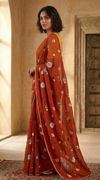 Festive Bloom Embroidered Pure Chanderi Mul Saree with Blouse Fabric