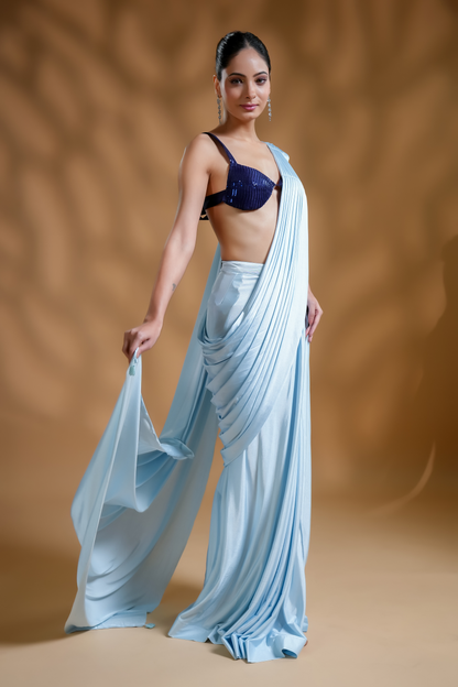 Premium Designer Blue Ready-to-Wear Saree with Unique Drape in Luxe Fabric