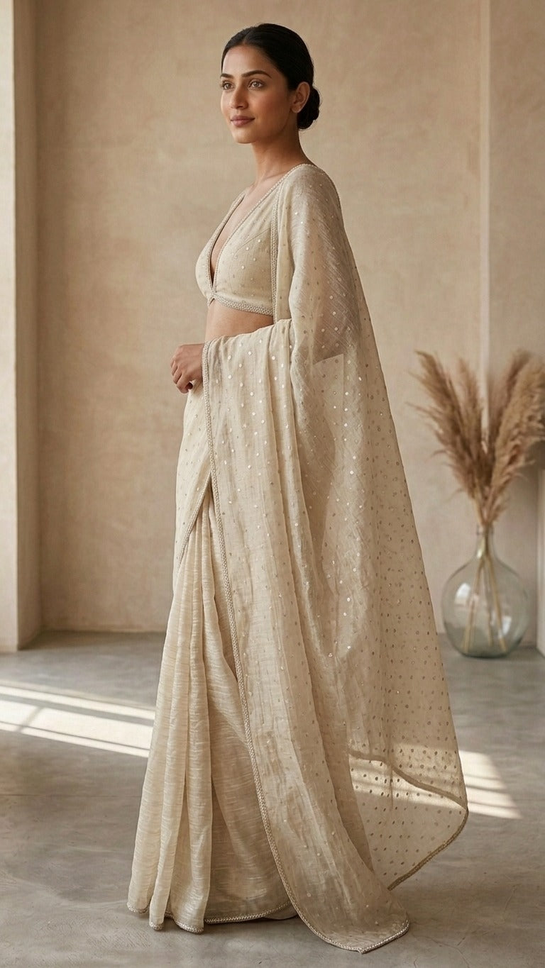 Royal Beige Crinkled Salsa Crystal Lace Saree with Blouse Fabric