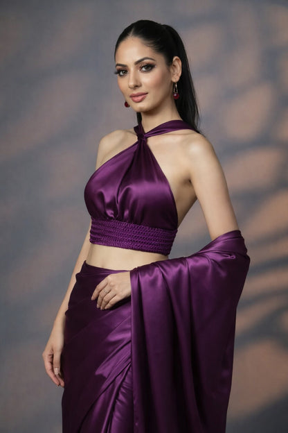 Imperial Plum Satin Silk Saree