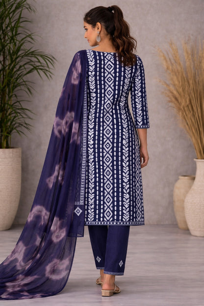 Indigo Navy Batik Style Unstitched Cotton Suit Set