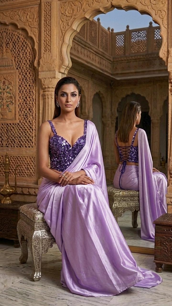 Dreamy Lilac Satin Saree With Heavy Sequins Blouse Fabric