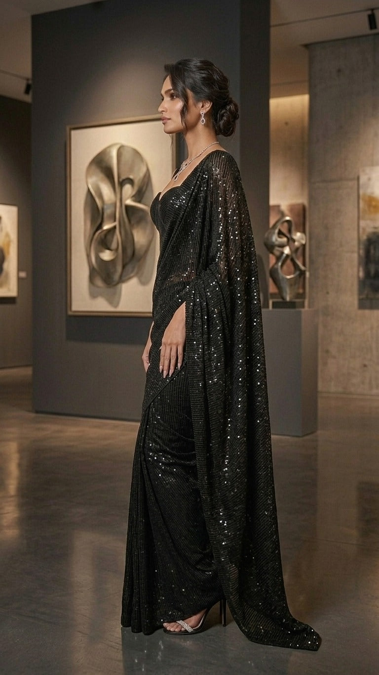 Black Diamond Glam Sequins Saree With Sequins Blouse Fabric