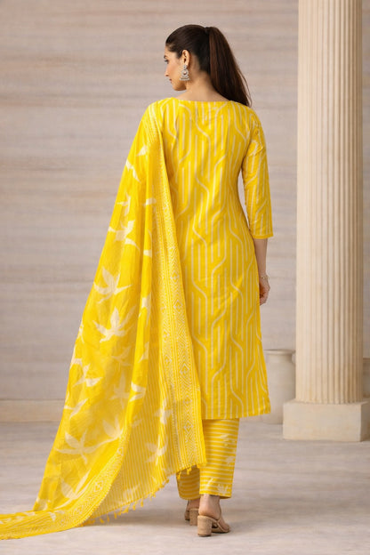 Yellow Striped Printed Cotton Unstitched Suit Set with Dupatta