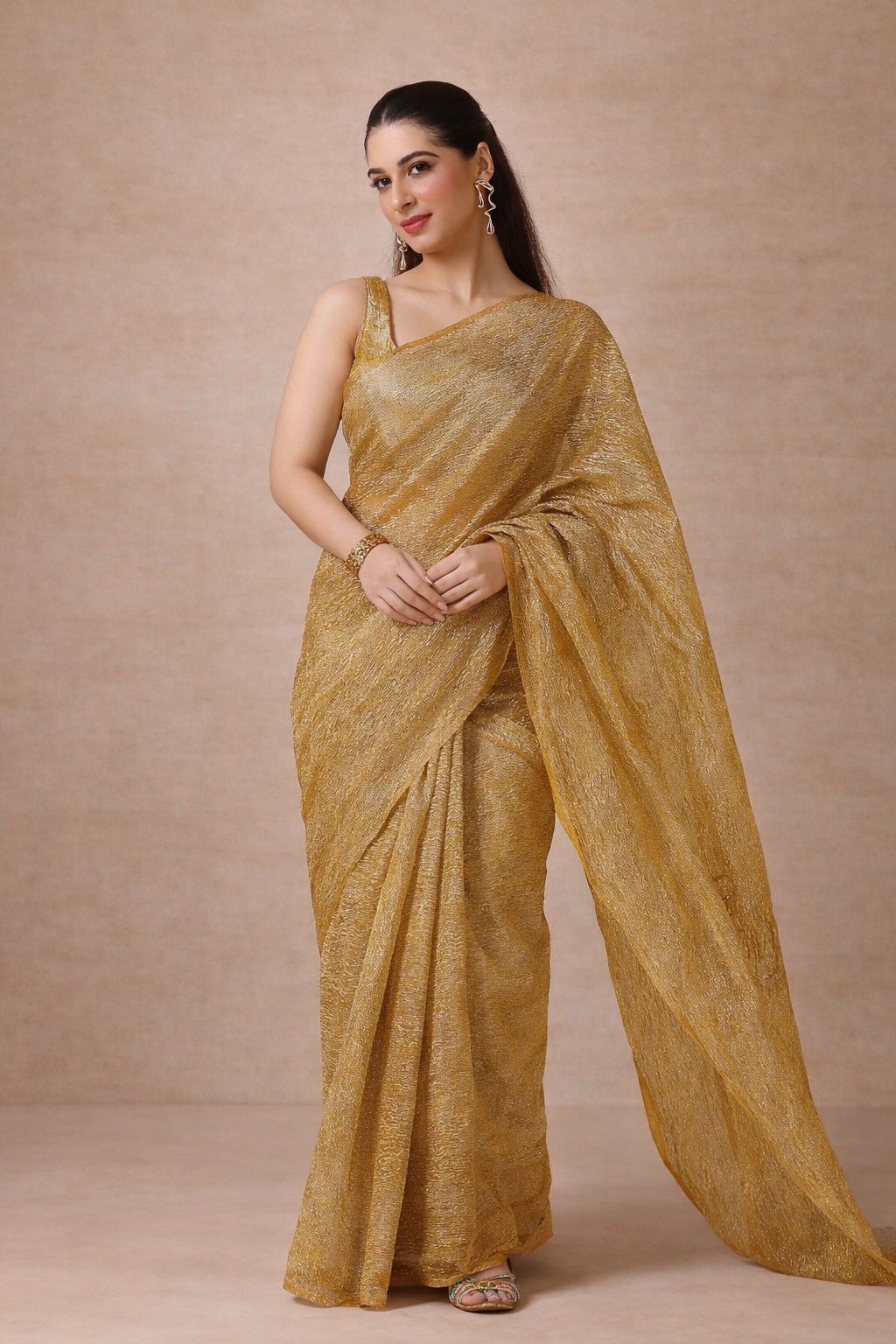 Regal Radiance Golden Aura Premium Crush Tissue Saree with Blouse Fabric