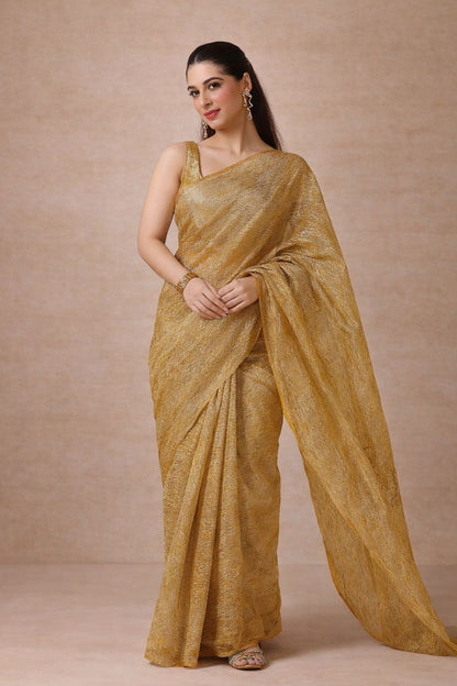 Regal Radiance Golden Aura Premium Crush Tissue Saree with Blouse Fabric