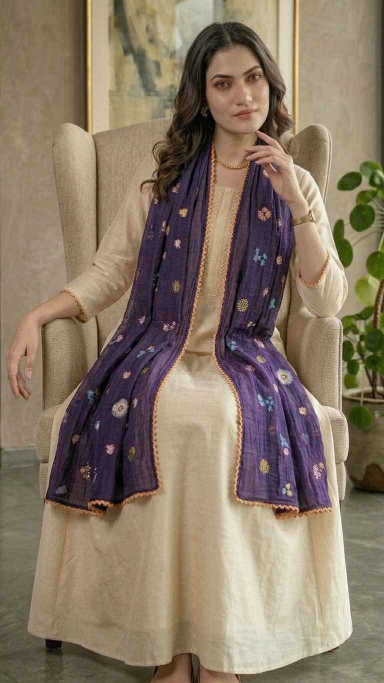 Royal Purple Floral Mul Chanderi Embroidered Lace Stole