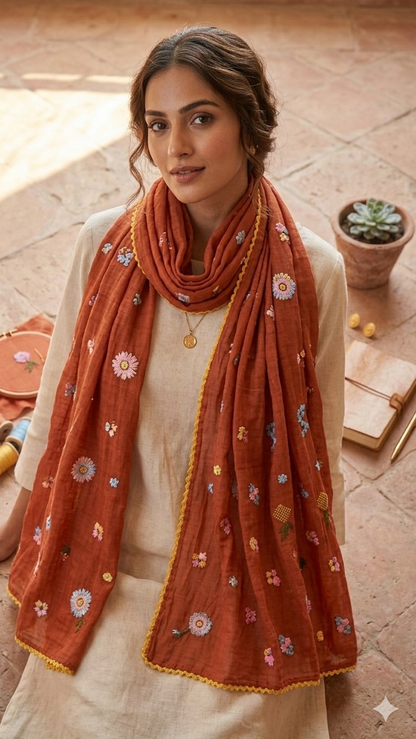Timeless Rust Floral Embroidered Mul Chanderi Lace Stole