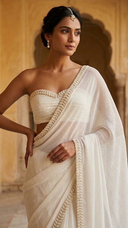 Luxe Pearl Embroidered Chinnon Crush Saree