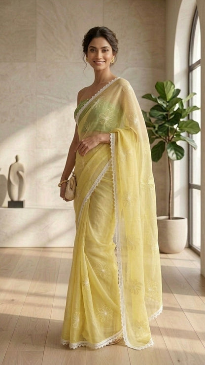 Enchanting Lemon Bloom Pure Mul Chanderi Embroidered Saree with Blouse Fabric