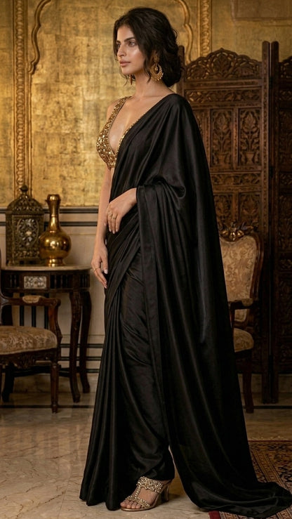 Midnight Noir Satin Saree with Gold Sequin Unstitched Blouse
