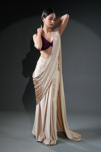 Exclusive Designer Ivory Ready-to-Wear Saree with Unique Drape in Luxe Fabric