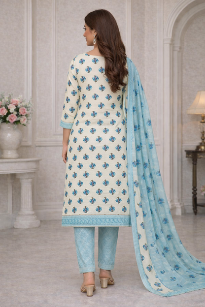 Sky Bloom Printed Cotton Unstitched Suit Set