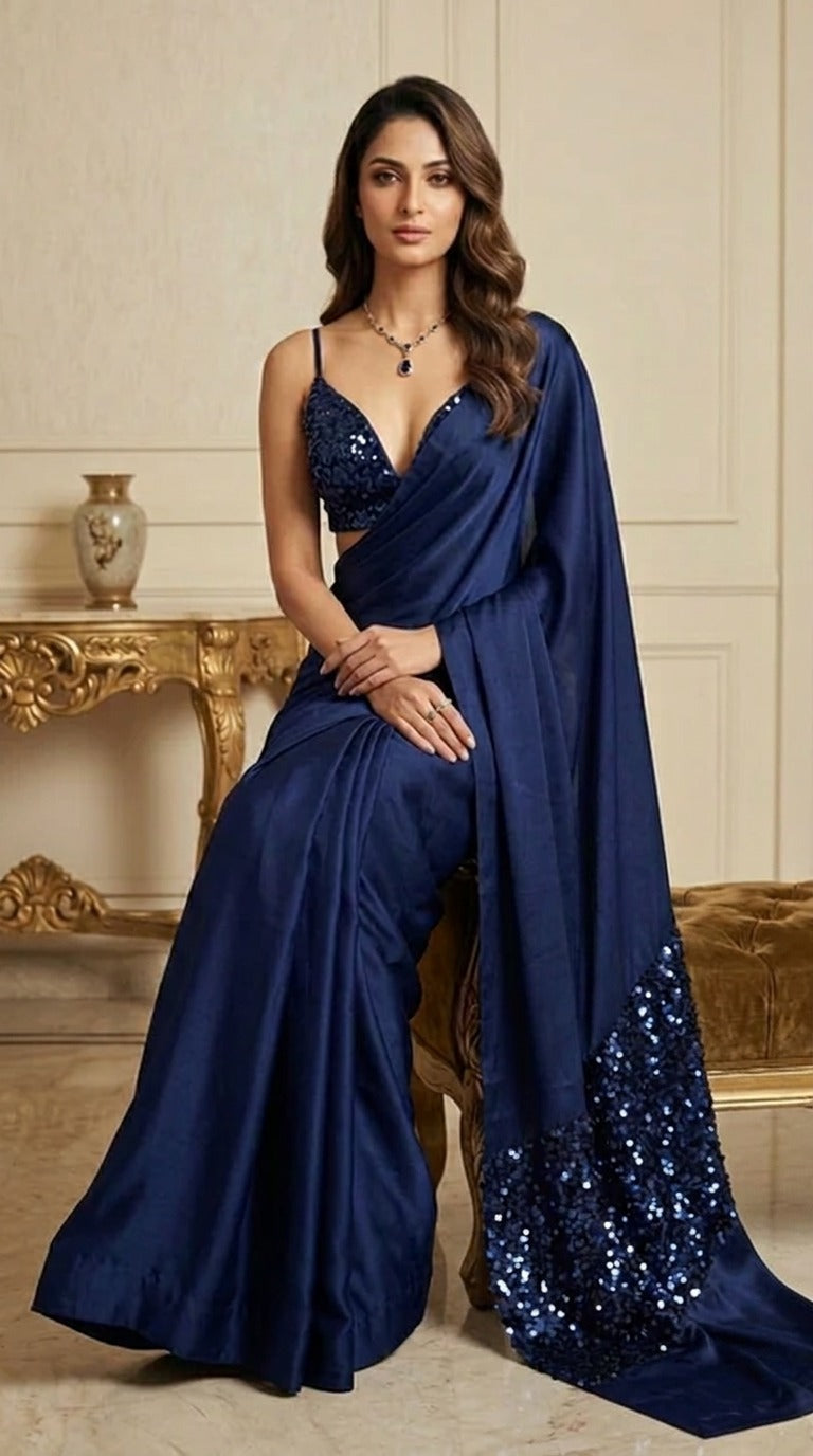 Midnight Muse Navy Satin Saree With Heavy Sequins Blouse Fabric