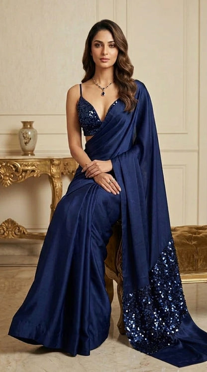 Midnight Muse Navy Satin Saree With Heavy Sequins Blouse Fabric