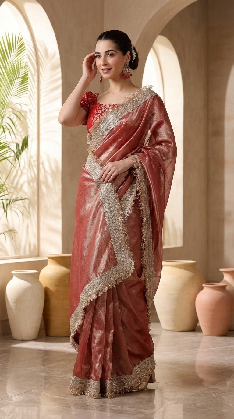 Dreamy Rose Gold Radiance Premium Tissue Saree with Blouse Fabric