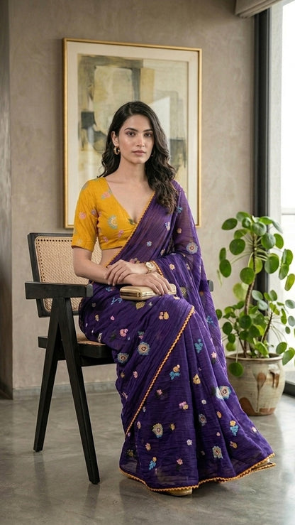 Rangrez Violet Floral Embroidered Pure Mul Chanderi Saree with Embroidered Blouse Piece