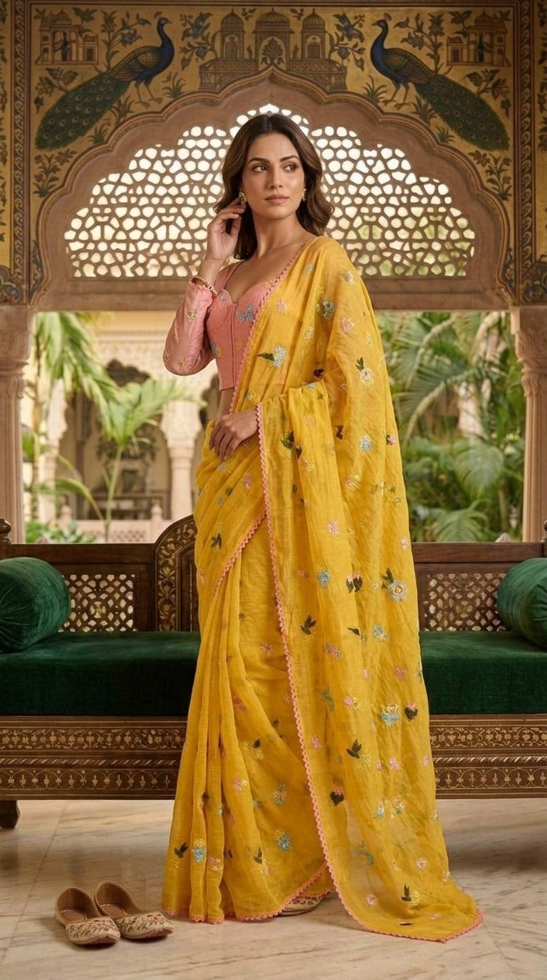 Sunlit Yellow Floral Embroidered Pure Mul Chanderi Saree with Blouse Fabric