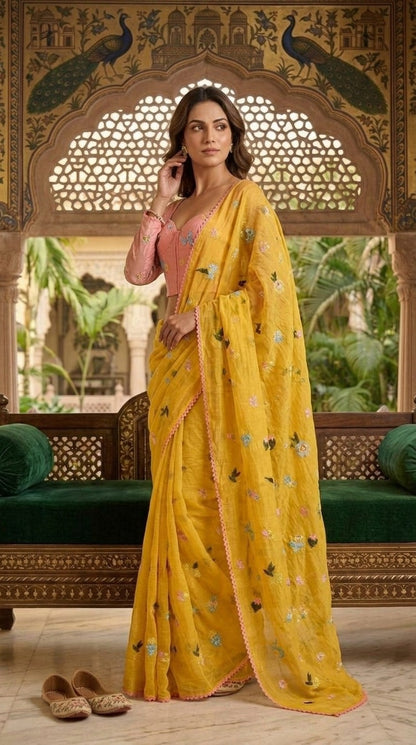 Sunlit Yellow Floral Embroidered Pure Mul Chanderi Saree with Blouse Fabric