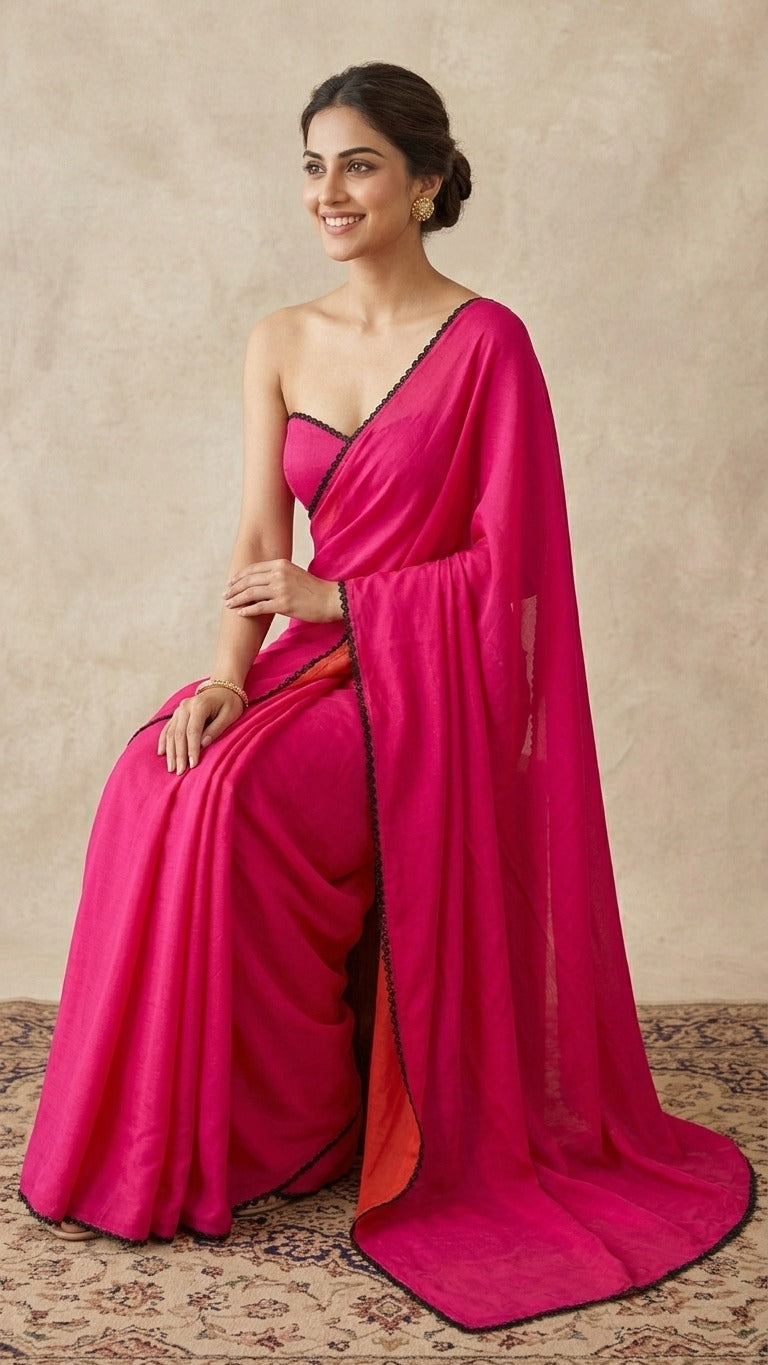 Hot Pink Chroma Saree with Scalloped Lace Detail & Blouse Fabric