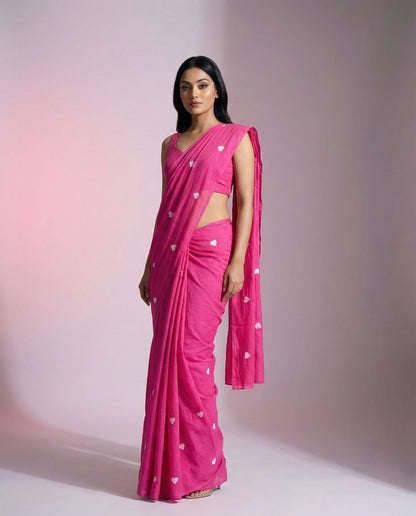 Romantic Fuchsia Heart Thread Embroidered Pure Mul Cotton Saree