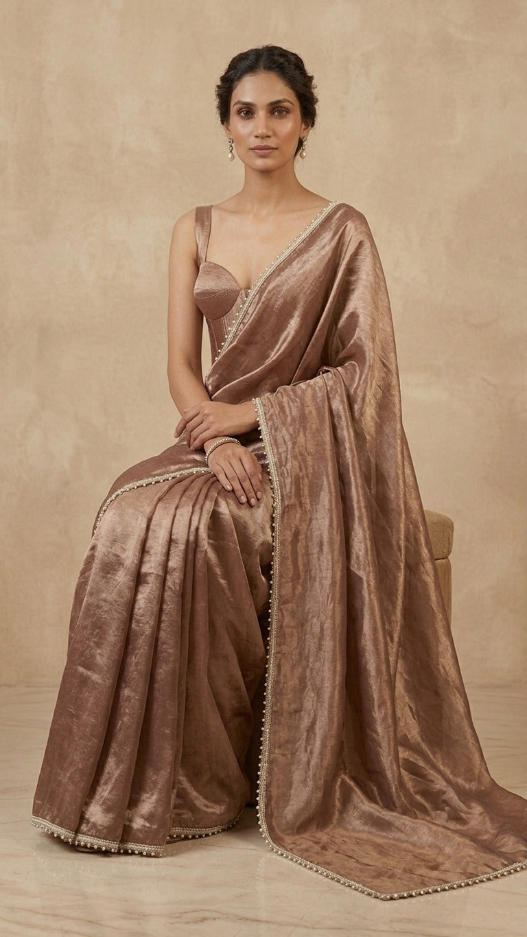Mesmeric Brown Tissue Silk Saree with Pearl Detailing & Blouse Fabric