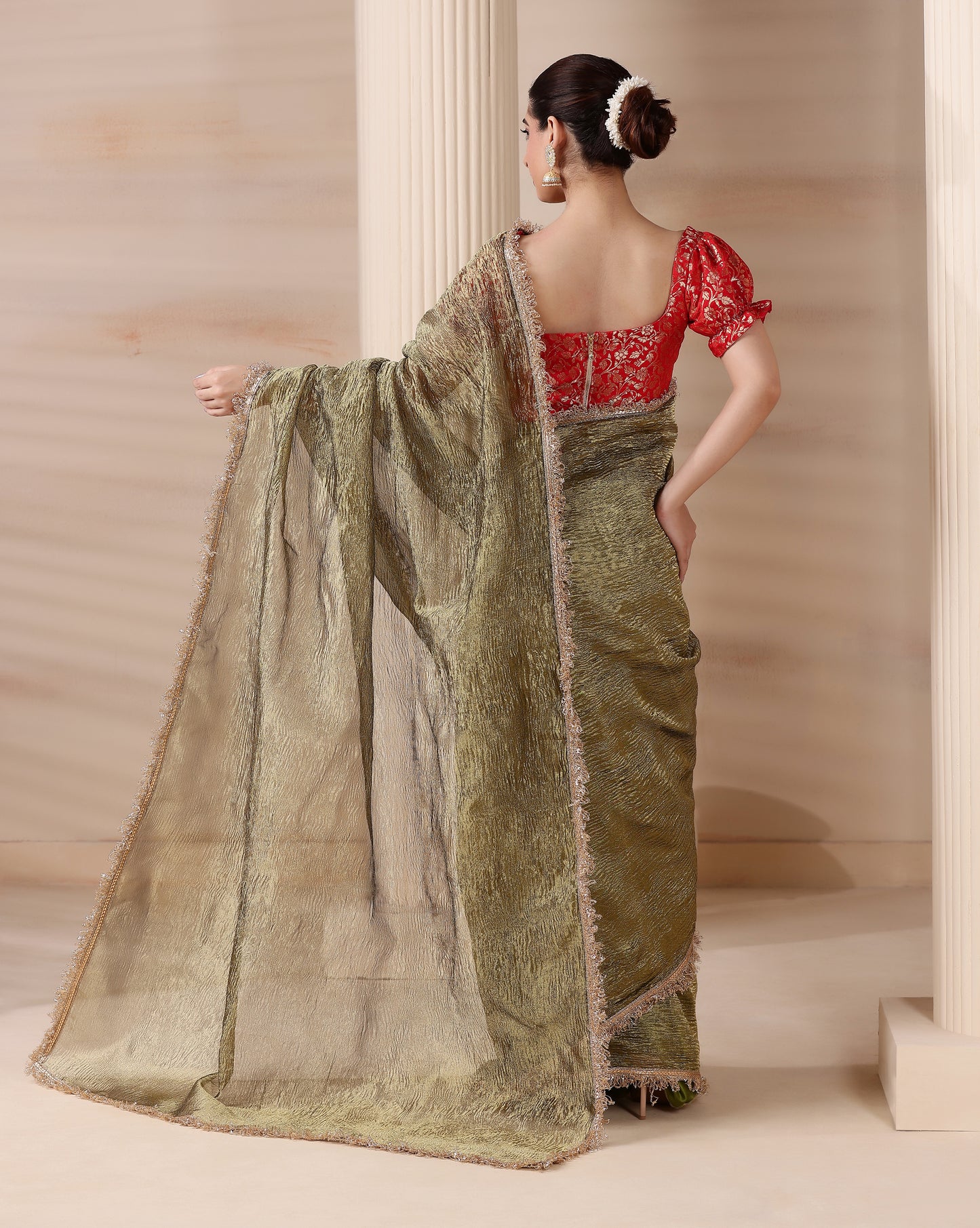 Emerald Whisper Premium Tissue Saree with Blouse Fabric