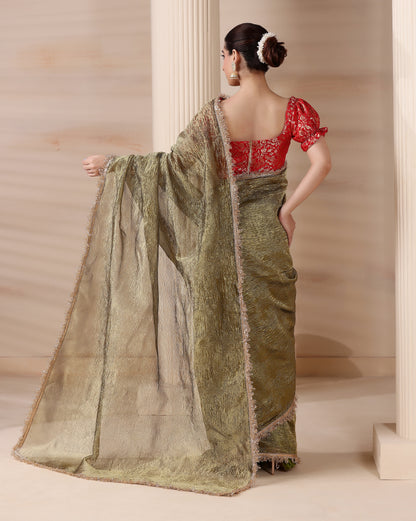 Emerald Whisper Premium Tissue Saree with Blouse Fabric
