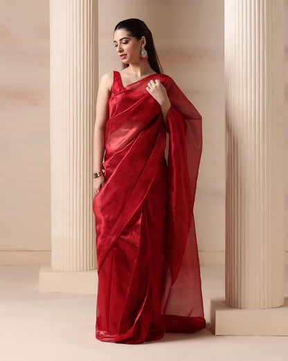 Elegant Red Glow Premium Tissue Saree with Blouse Fabric