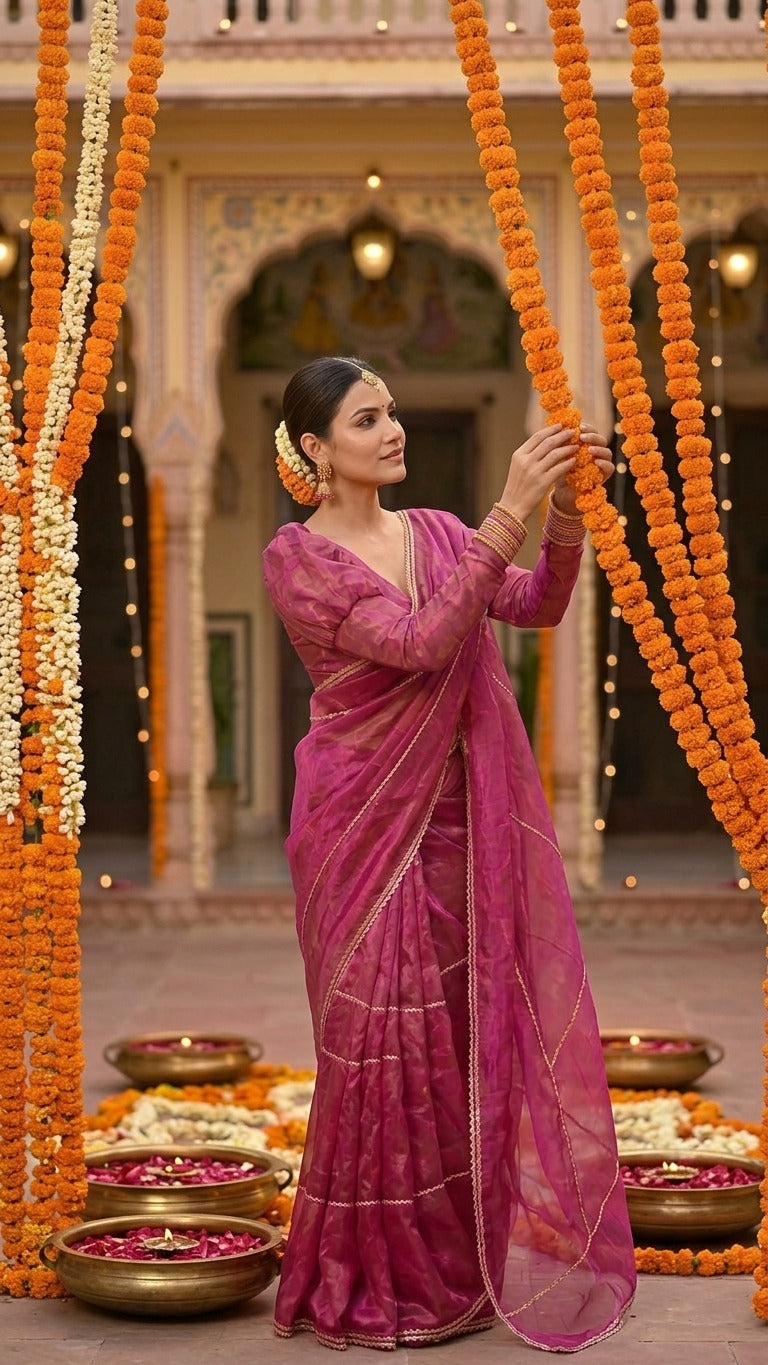 Gulabi Noor Tissue Silk Saree with Lace Work