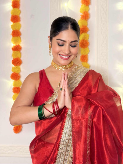 Ravishing Scarlet Radiance Tissue Saree with Luxe Hand Embellished Border