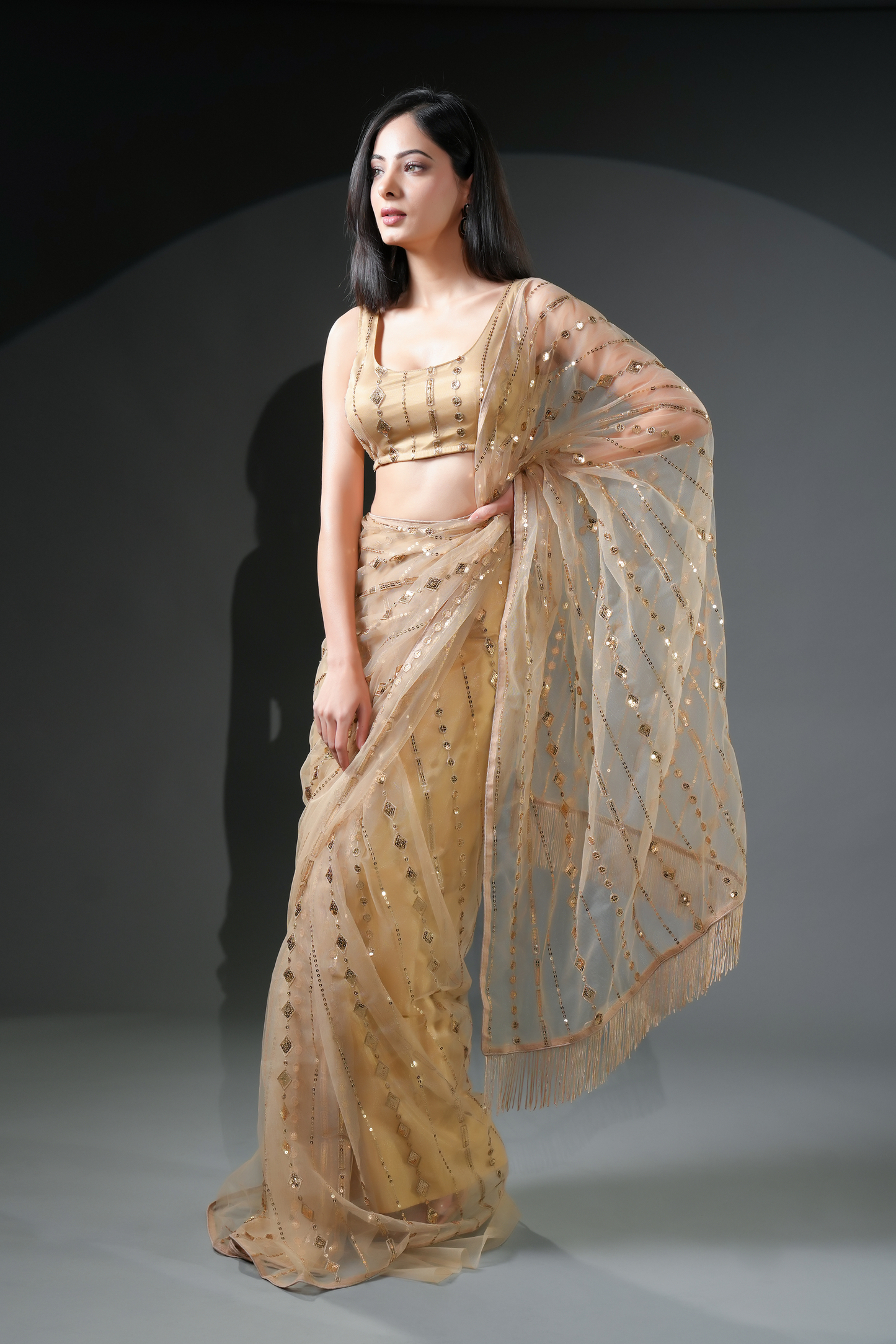 Vibrant Golden Ready to Wear Embellished Saree and Blouse Fabric