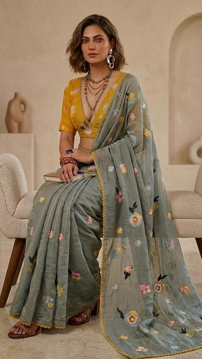 Earthy Sage Floral Embroidered Pure Mul Chanderi Saree with Blouse Fabric