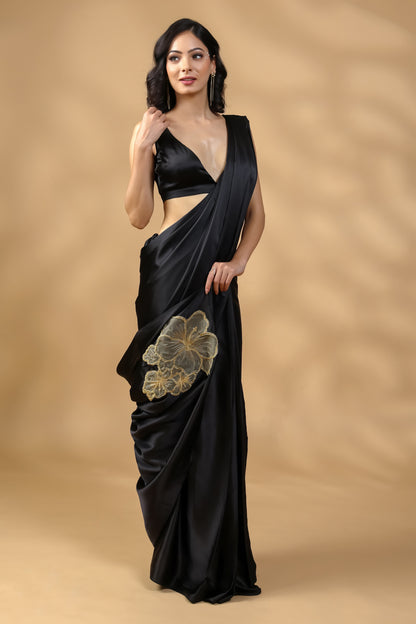 Black Beauty Golden Embroidered Saree with Blouse Fabric