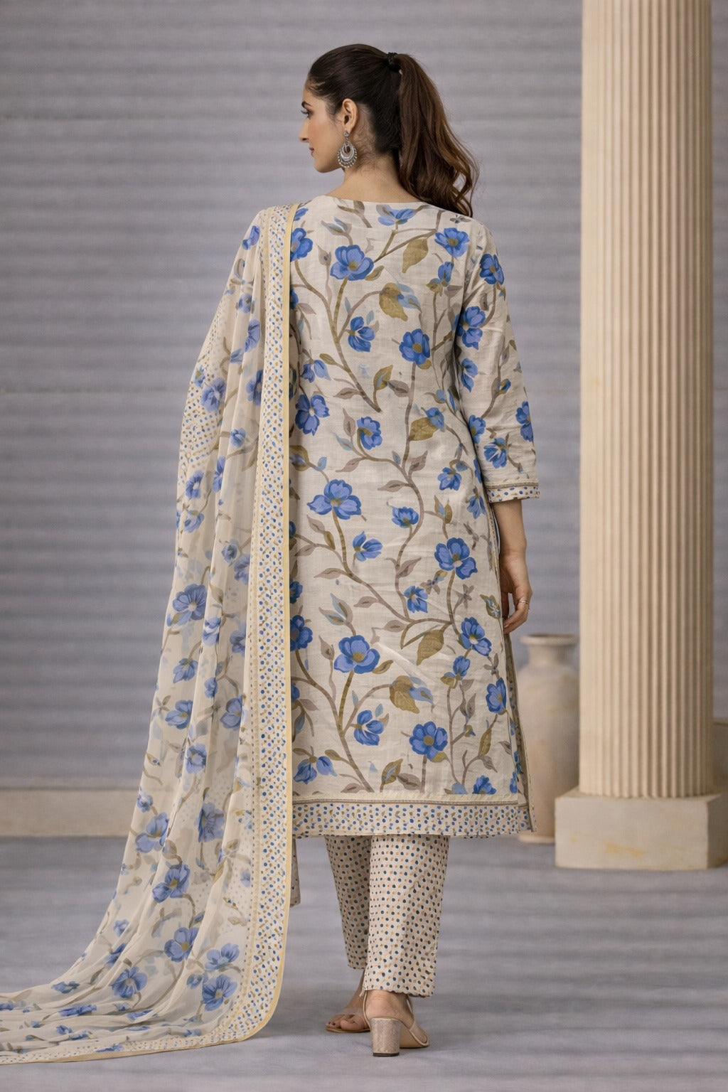 Vintage Floral & Polka Dot Hand-Block Unstitched Cotton Suit Set