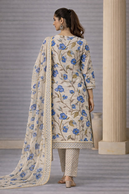 Vintage Floral & Polka Dot Hand-Block Unstitched Cotton Suit Set