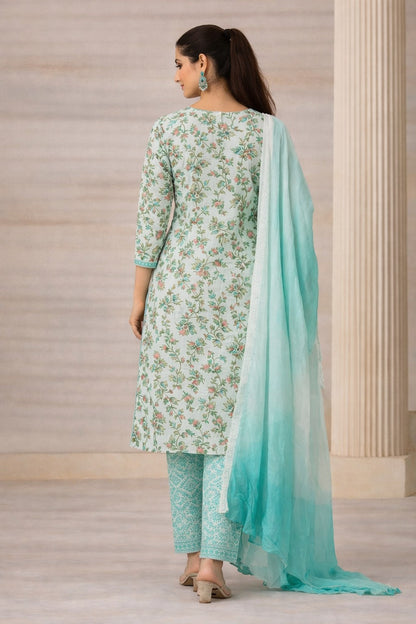 Mint Green Floral Kalamkari Print Unstitched Cotton Suit Set