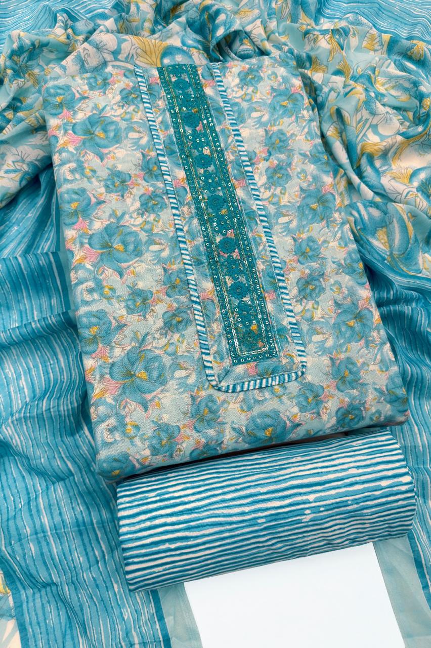 Sea Blue Floral Cotton Unstitched Suit Set & Striped Dupatta