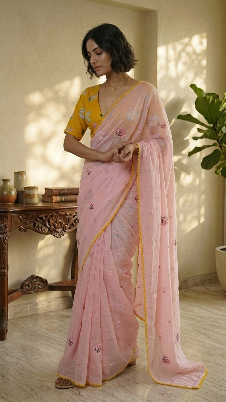 Charming Pastel Pink Embroidered Mul Chanderi Saree with Embroidered Blouse Fabirc