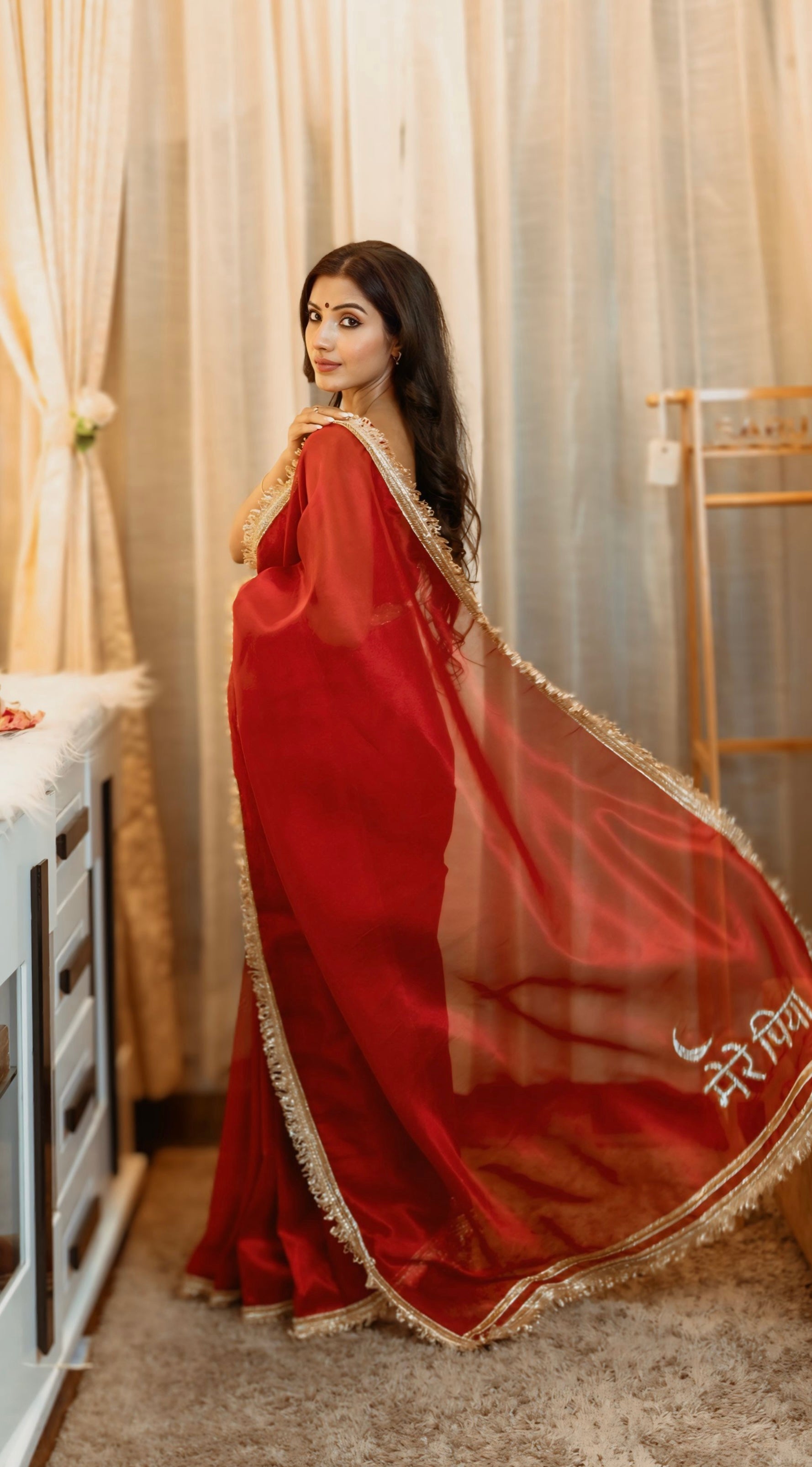 Red Premium Tissue Silk Hand-Embroidered Mere Piya Saree with Blouse Fabric