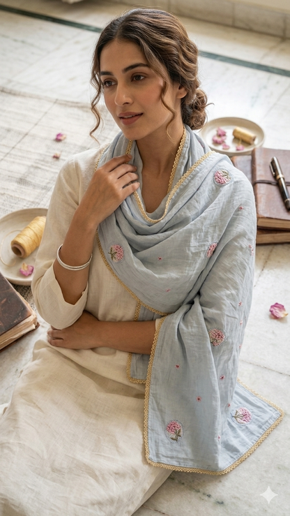 Serene Blue Floral Embroidered Mul Chanderi Lace Stole