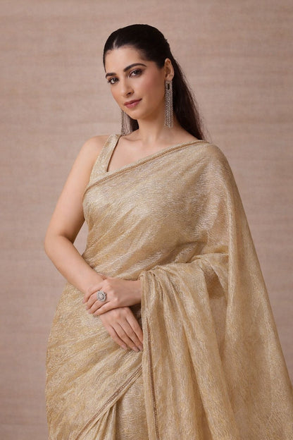 Regal Silver Gold Shimmer Embroidered Crush Tissue Saree with Blouse Fabric